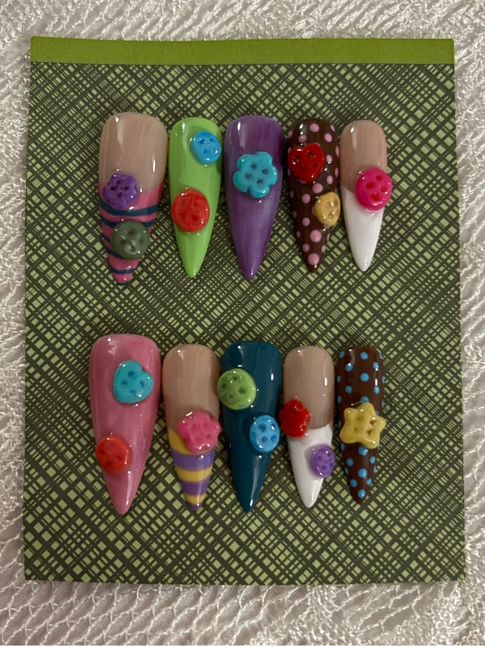 Hand-Painted Long Stiletto Press-On Nails with 3D Buttons - Multi Color